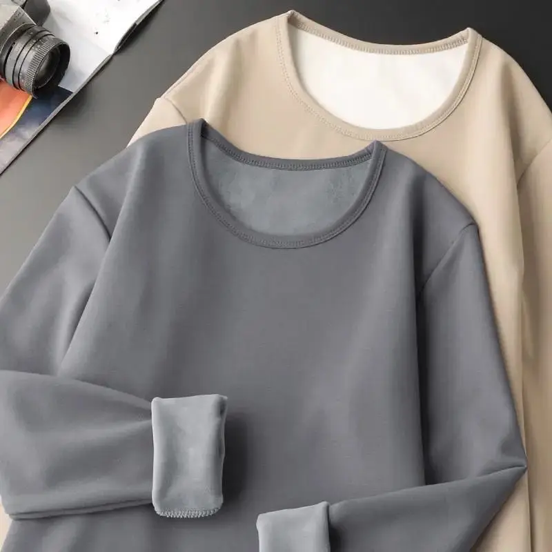 

Plus Velvet Thick Warmth Slim Round Neck Bottoming Shirt Men's Winter Clothes Youth Long-sleeved T-shirt Top Underwear