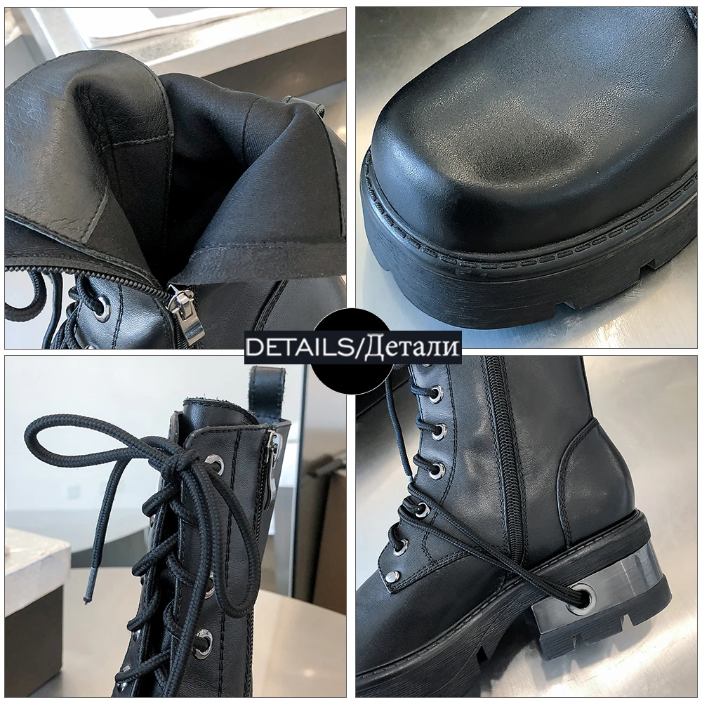 

WETKISS Genuine Leather Ankle Boots Woman Lace Up Chunky Heel Shoes Women Platform Zip Square Toe Skid Proof Booties 2021