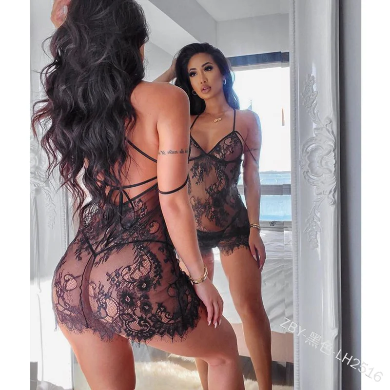 

Sexy Women Lace Lingerie Set Perspective Halter Dress Thong Set Solid Color Bandage Exotic Underwear Ladies Sleepwear Nightdress