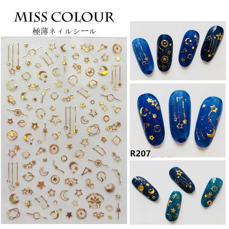 Голографический Золотой 3D стикер для ногтей Метеор Звезда Луна голографический