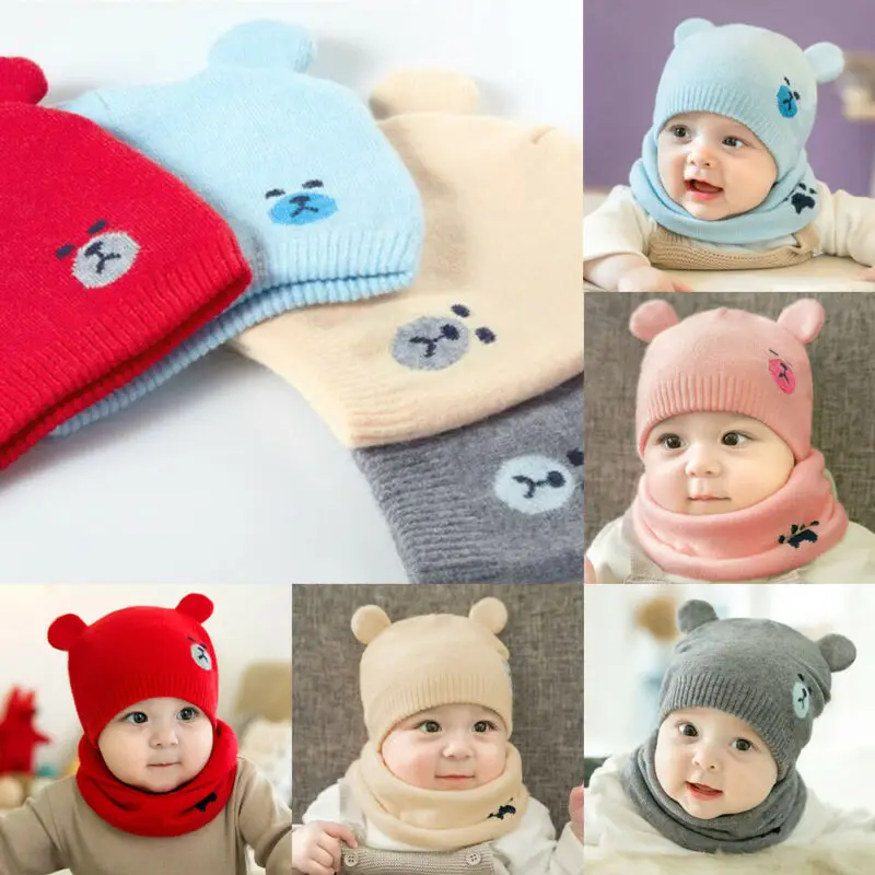 Newborn Infant Kids Baby Boy Girl Pom Bear Cartoon Ears Hat Winter Warm Knit Crochet Beanie Cap Scarf Knitting 2Pcs Set 6-18M | Детская