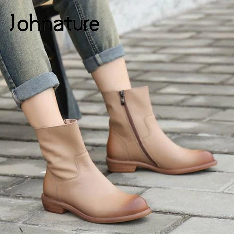 

Johnature 2022 New Winter Shoes Women Boots Genuine Leather Zip Round Toe Sewing Handmade Concise Leisure Warm Platform Boots