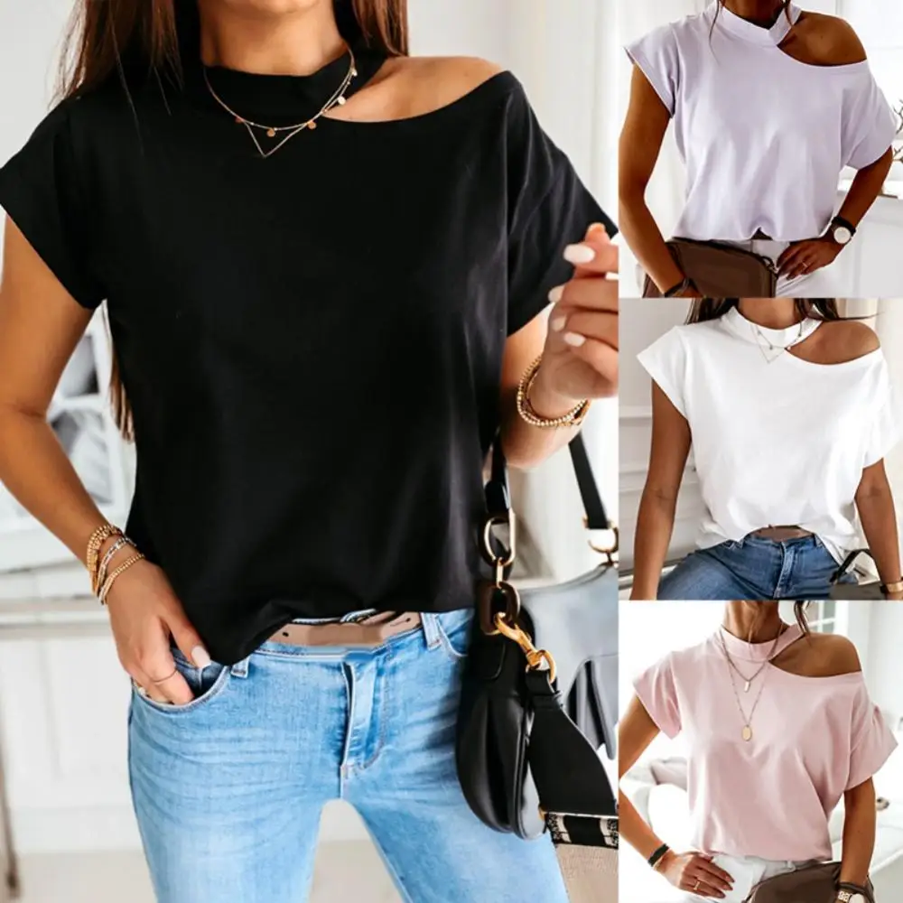 

Hot Women Casual T-shirt Short Sleeve One Shoulder Mock Neck Halter Loose Top Shoulder Mock Neck Halter Loose Tshirts Top