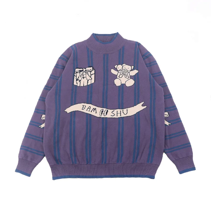 

Zoulv 2020 Vintage Literary Autumn and Winter Women's Clothing Childlike Cute Bear Retro Sweater Half High Neck Pullover Sweater