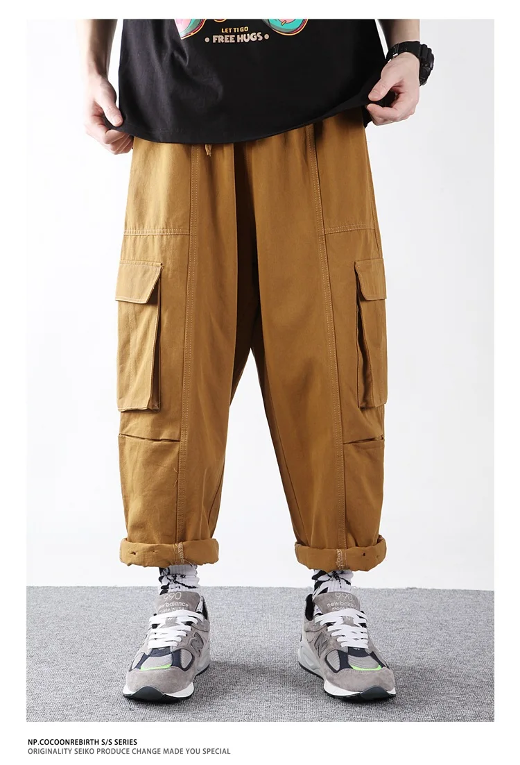

Men Japan Style Casual Cargo Pant Male Streetwear Hip Hop Vintage Fashion Loose Wide Leg Ankle Length Pant