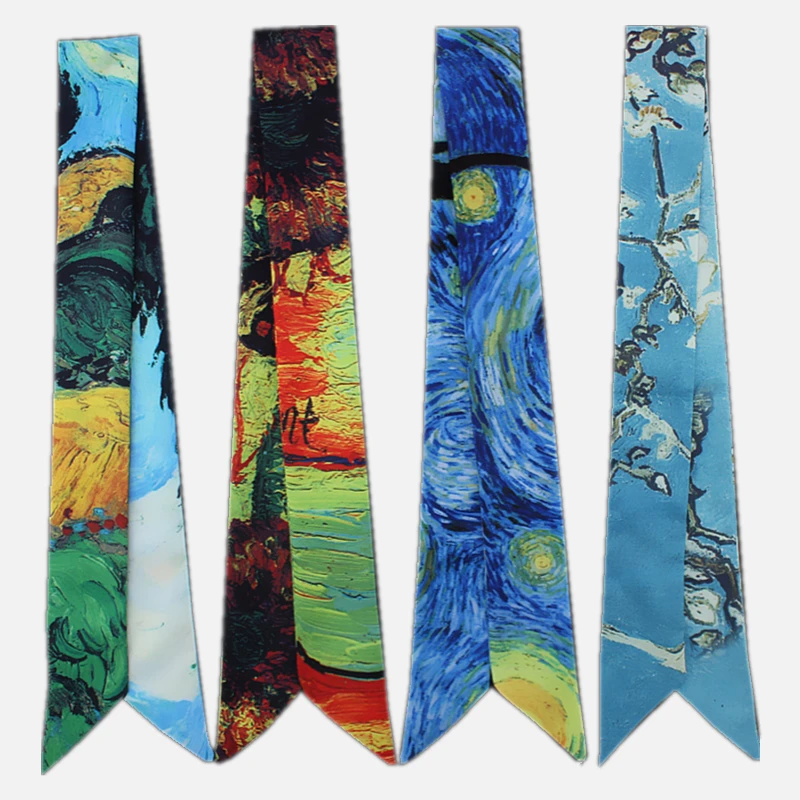 

Classic Oil Painting Series Women's Silk Scarf Fashion Twill Satin Scarf Narrow Tie Pack Ribbon Scarves And Shawls Female M3