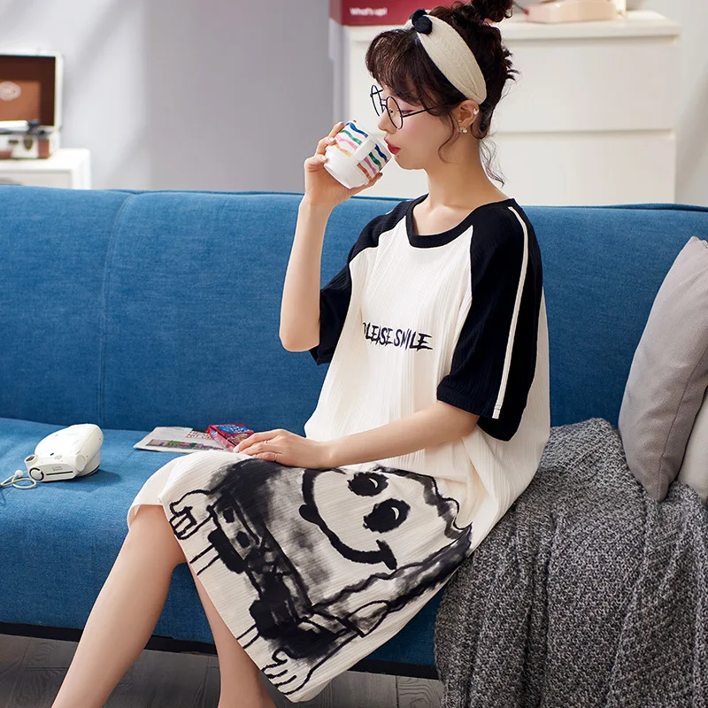 

Women's nightdress Summer Cotton Short Sleeve thin cartoon cute Korean loose students can wear home suit