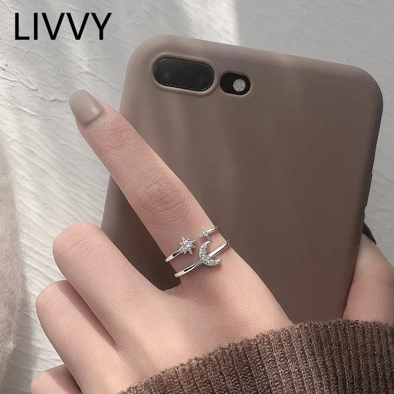 

LIVVY Fashion Silver Color Double Layer Star Moon Opening Rings for Women Wedding Trendy Jewelry Adjustable