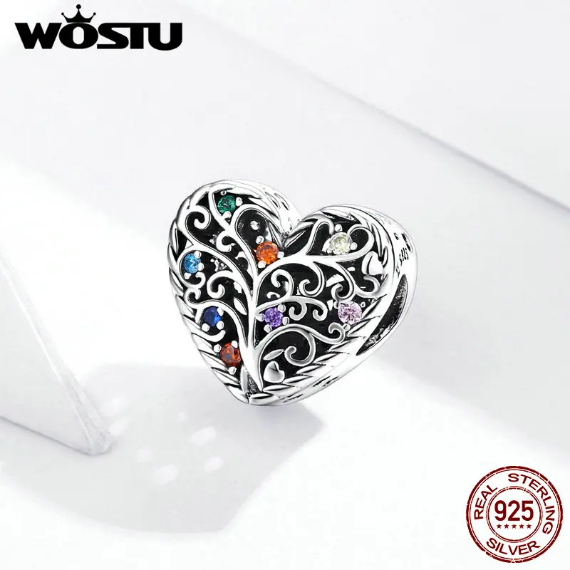 WOSTU Древо жизни сердце очарование стерлингового серебра 925 красочные циркониевые