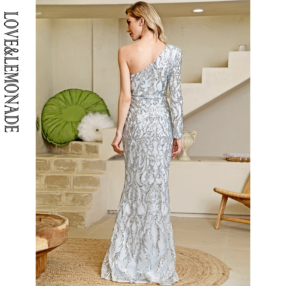 

LOVE&LEMONADE Sexy One Shoulder Strapless Silver Geometric Sequins Bodycon Dinner Maxi Dress LM82472-1