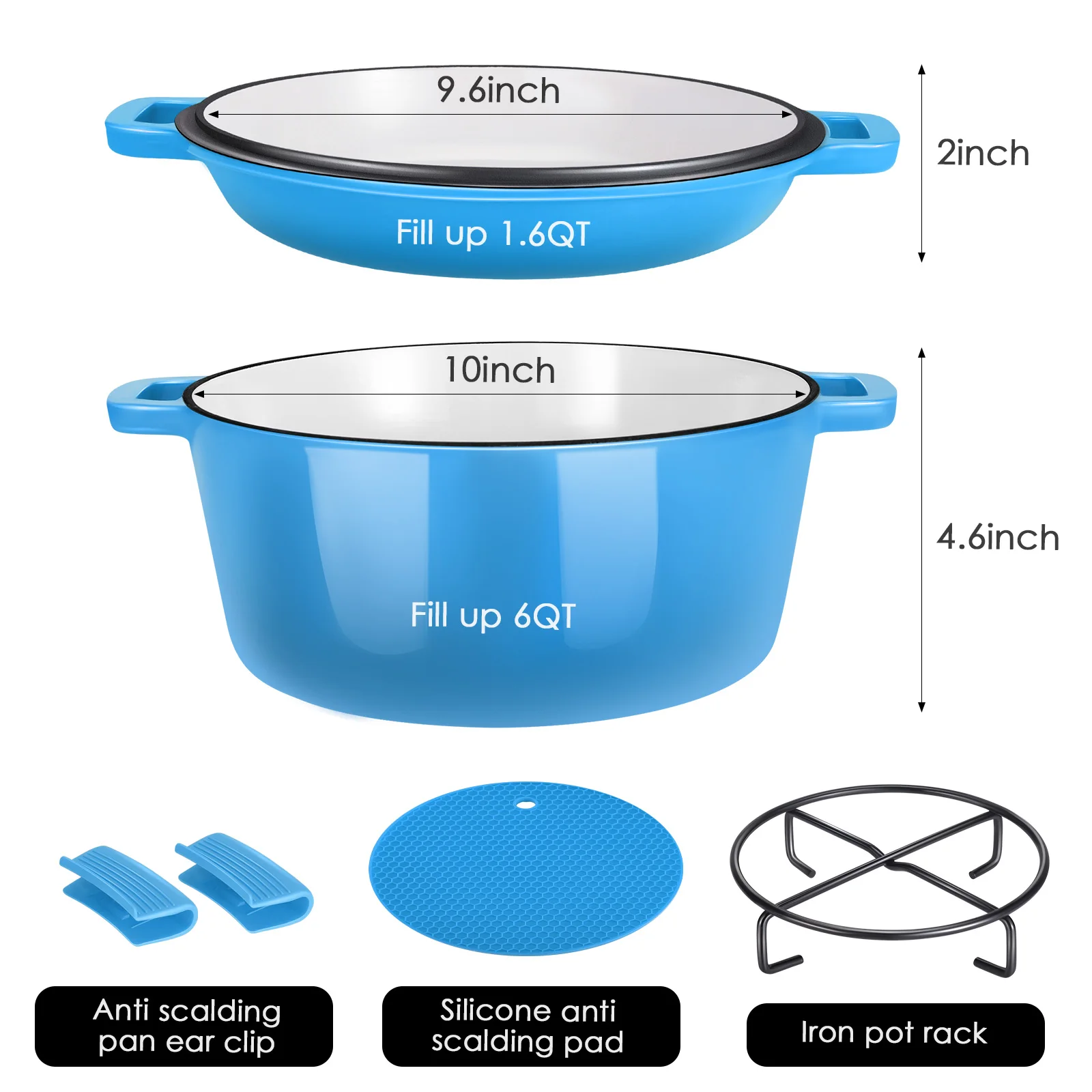 

2 In 1Enamel Cast Iron Dutch Oven 6 Quart with skillet Lid Cast Iron Cookware for Frying,Electric Stove,Cooking,Induction Cooker