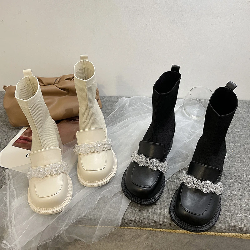 

Pop Luxury Women Clear Pearl Ankle Boots Spring Autumn Nice Comfort Square Heels Knit Elastic Fabric Short Botas Shoes Woman