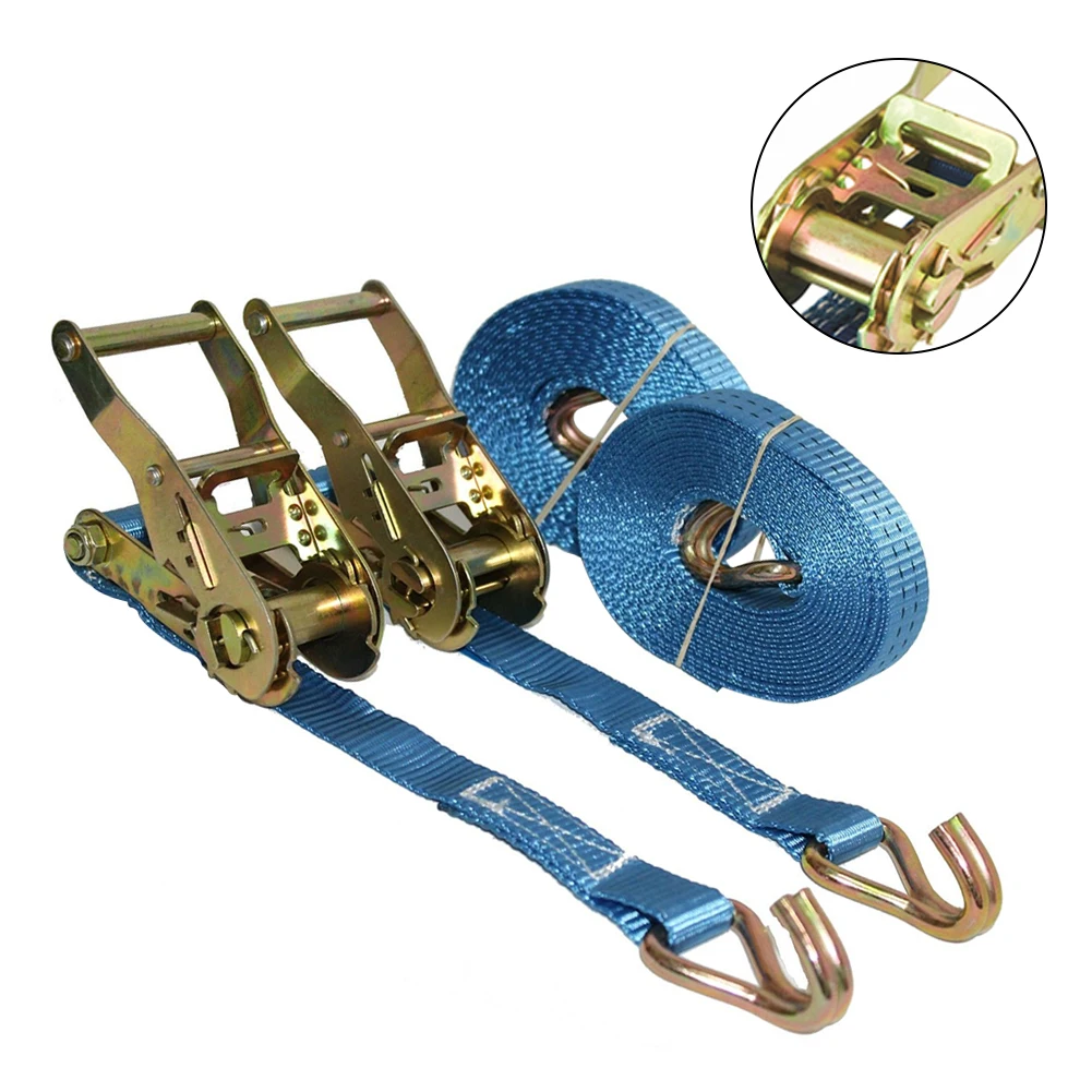 2pcs With Metal Buckle Universal Ratchet Belt Tie Down Tow Rope Car Motorcycle 5M Weaving Blue Cargo Strap Durable Polyester |