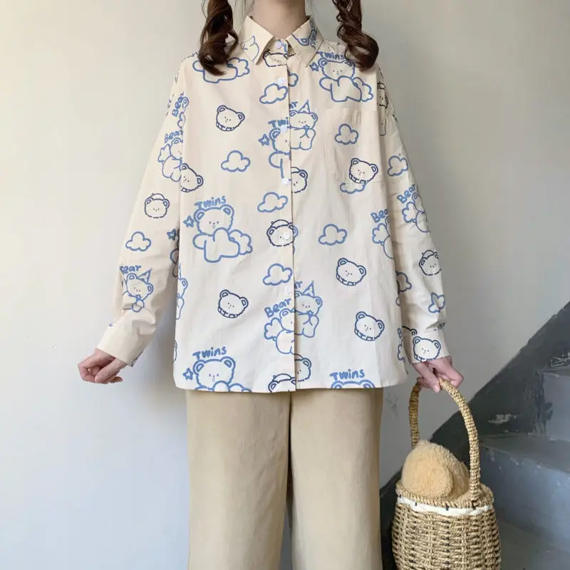 

MINGLIUSILI Kawaii Shirts Women Spring Fashion 2021 Cute Bear Print Button Up Shirt Long Sleeve Casual Korean Style Women Blouse