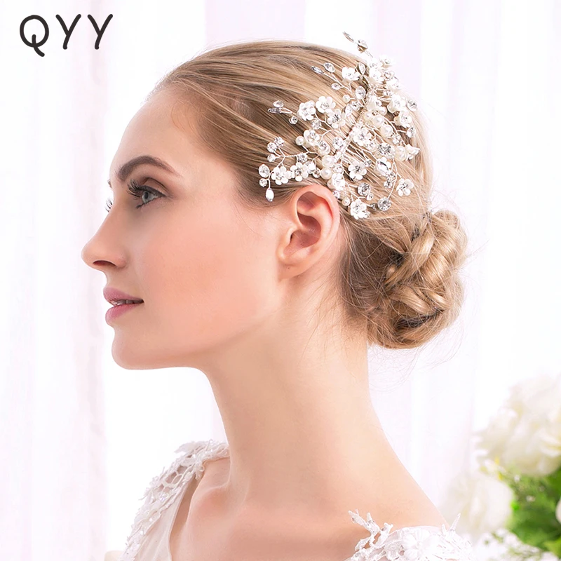 Женская заколка для волос ручной работы стразы жемчужные цветы серебристого