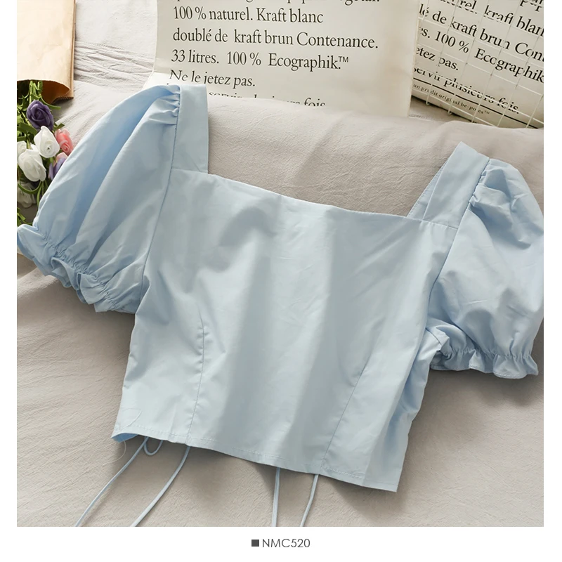 2021 summer new short sleeve drawstring blouse square collar front buttons design solid color tops shirts women | Женская одежда