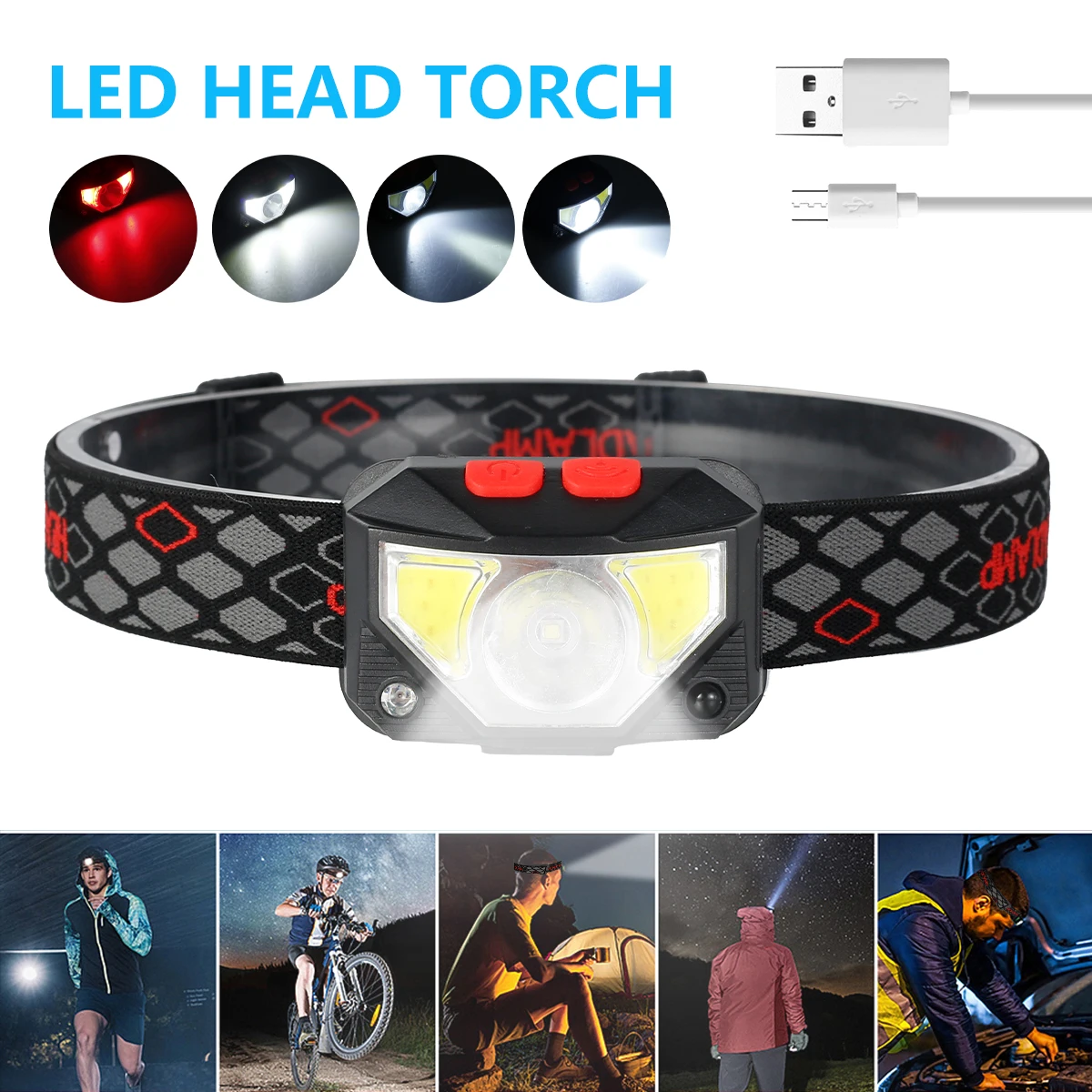 

USB Rechargeable Headlamp COB LED IPX5 Waterproof Torch Light 6 Lighting Modes Motion Sensor Flashlight for Bicycling Running