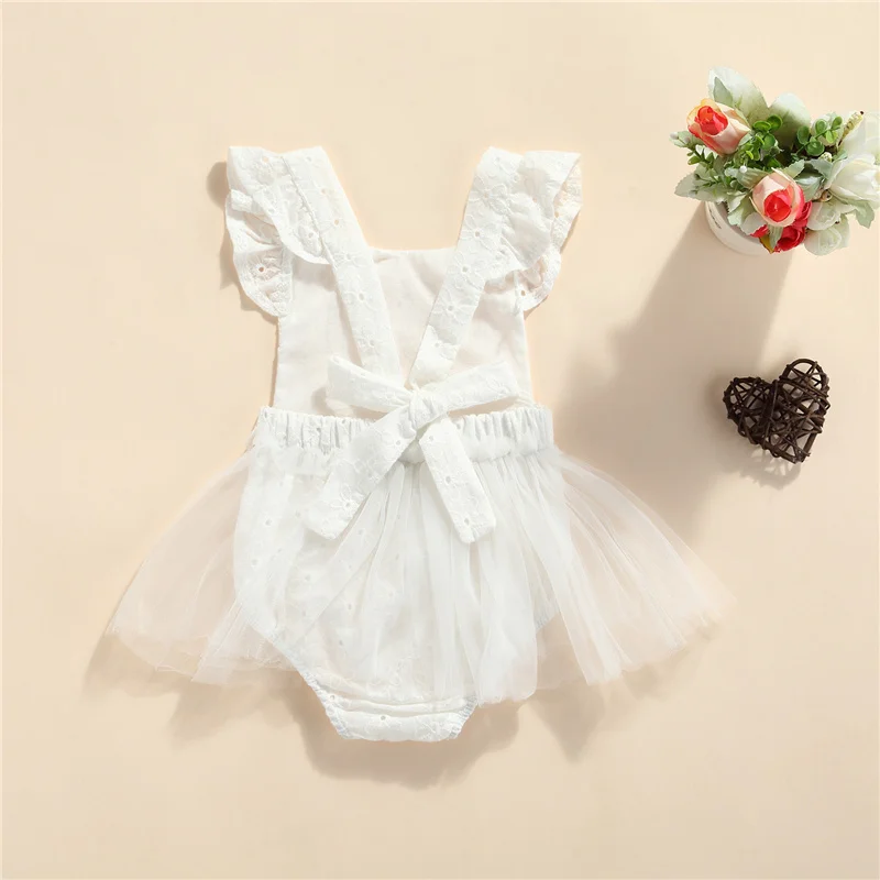 

Cute Baby Girls Summer 2Pcs Clothes Set, White Sleeveless Square Collar Hollow Out Flowers Romper and Waist Band, 0-18Months