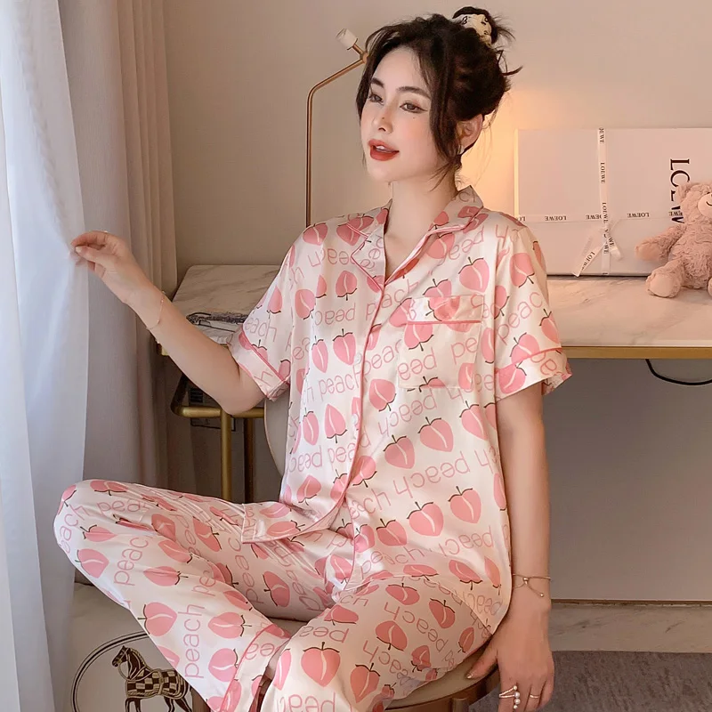 CAIYIER Sexy Nightwear Summer Short Sleeves Trousers Satin Pajamas Women Turn-down Collar Luxurious Atmosphere Silk Sleepwear