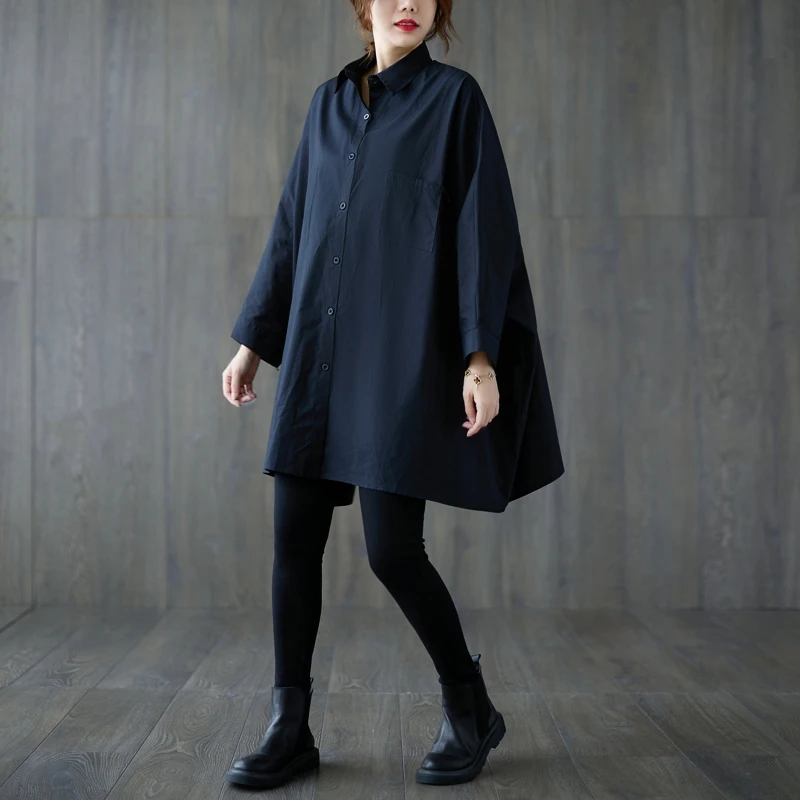 

SuperAen 2021 Autumn Loose Plus Size Solid All Match Batwing Sleeve Turn Down Collar A Line Casual Blouse Women Shirts