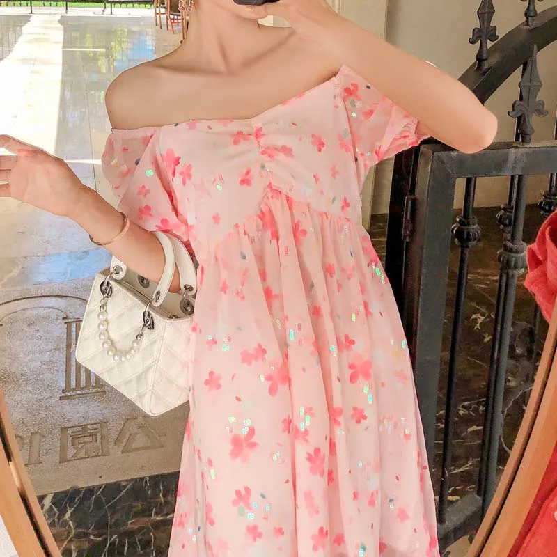 

2021 Summer New Square Collar Romantic Cherry Blossom Sequined Fairy Dress Ladies Casual Slim Puff Sleeve Sweet Cute Mini Dress
