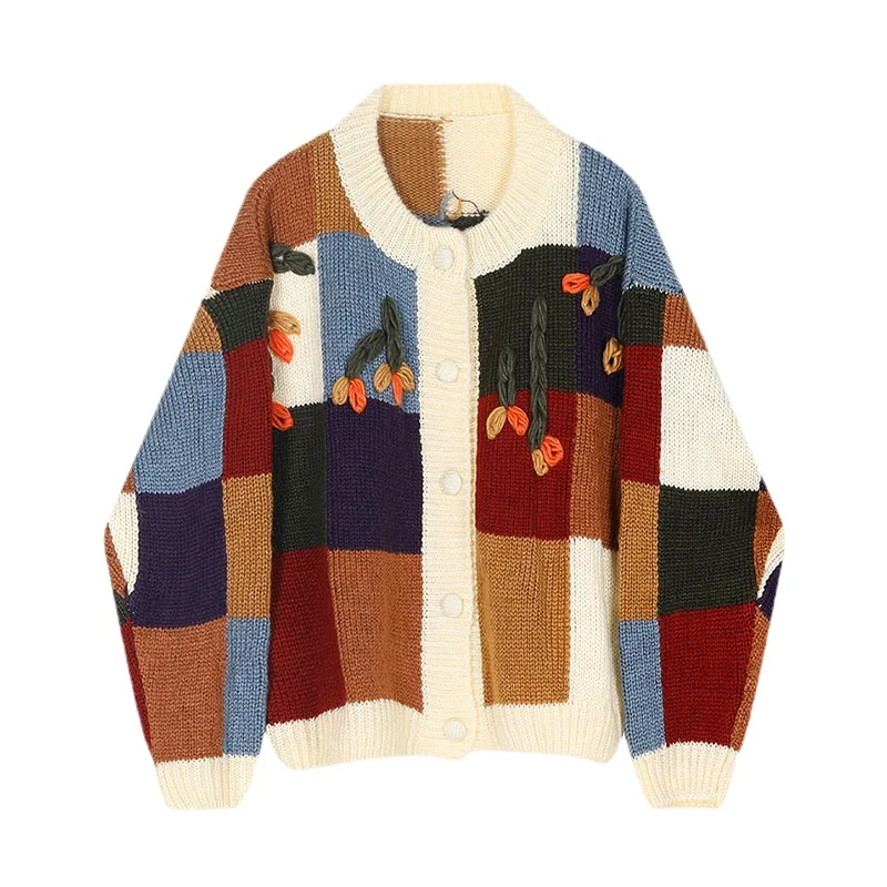 

Осенние вязаные свитеры 2021, женские топы, женский кардиган с цветочной вышивкой, повседневные Свободные корейские дамские весенние кардига...
