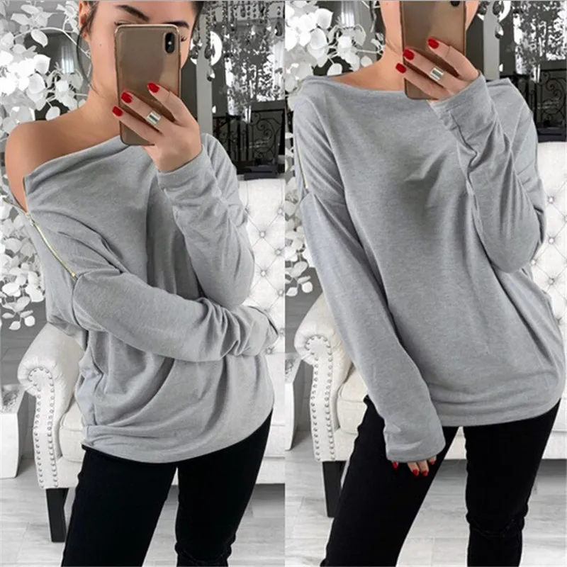 

Autumn Fashion Harajuku Tee Shirt Femme Long Sleeve Casual T-shirt Sexy Zipper Gray Off-shoulder Casual Tshirt Women Tops Tees