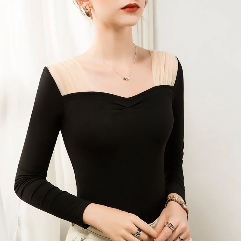 

S-3Xl Plus Size T-Shirt Women Square Collar Shirts Female Tops Retro Mesh Stitching Sexy Pullover Slim Long Sleeved Streetwear