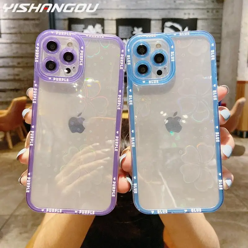 

Модный цветочный лазерный чехол для телефона iPhone 13 12 11 Pro Max XS XR X 7 8 Plus SE 2020 противоударный прозрачный мягкий чехол из ТПУ с полным покрытием