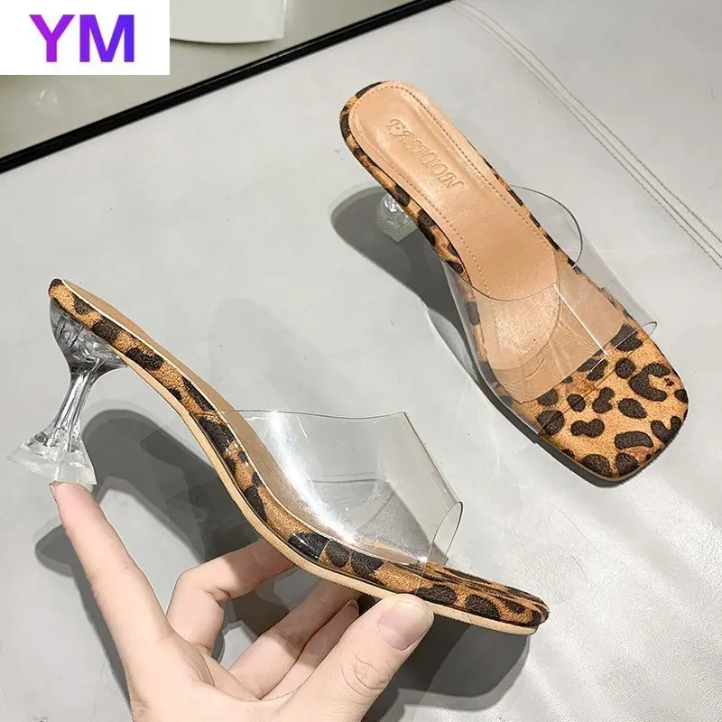2021 New Women Sandals PVC Jelly Crystal Heel Transparent Women Sexy Leopard Clear High Heels Sandals Pumps Shoes Size 34-42