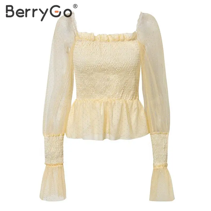 BerryGo Сетчатое платье-фонарь рукав узор в горошек блузка для женщин шифон пэчворк