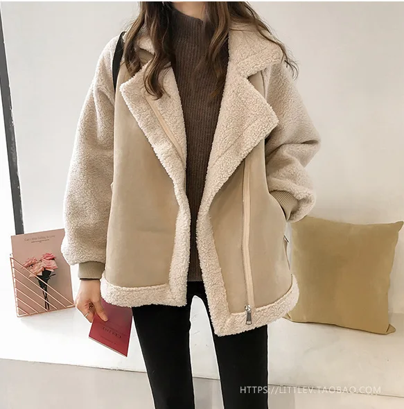 2021 Loose Fur One-piece Suede Jacket Women Short Lamb Thicken Fur Coat Lapel Zipper Coat Women Fashion Stitching Fur Jacket