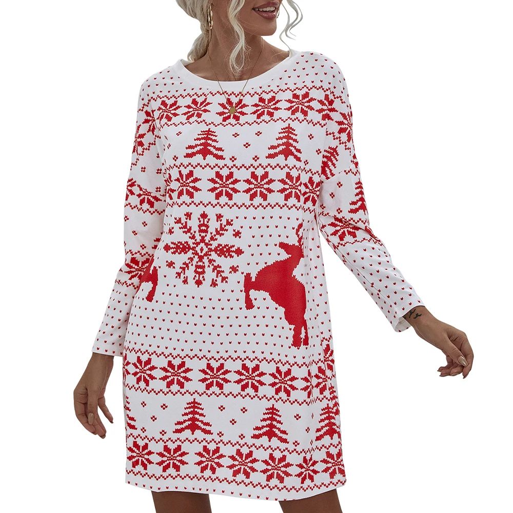 

Warm Women'S Sweater Dresses Christmas Jacquard Knitted Dress Loose Fit Long Sleeve O-Neck Dress For Autumn Winter Streetwear