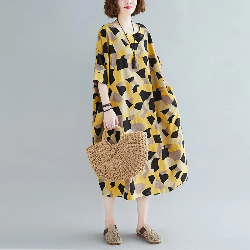 Клетчатое хлопковое желтое платье большого размера плюс 2020 летние женские