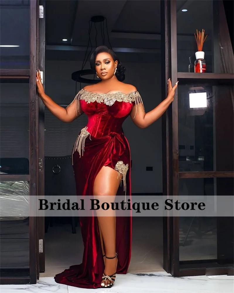

Shining Velvet Mermaid African Prom Dresses 2022 Off Shoulder Beading Tassels Wedding Party Dress Plus Size Robe De Bal