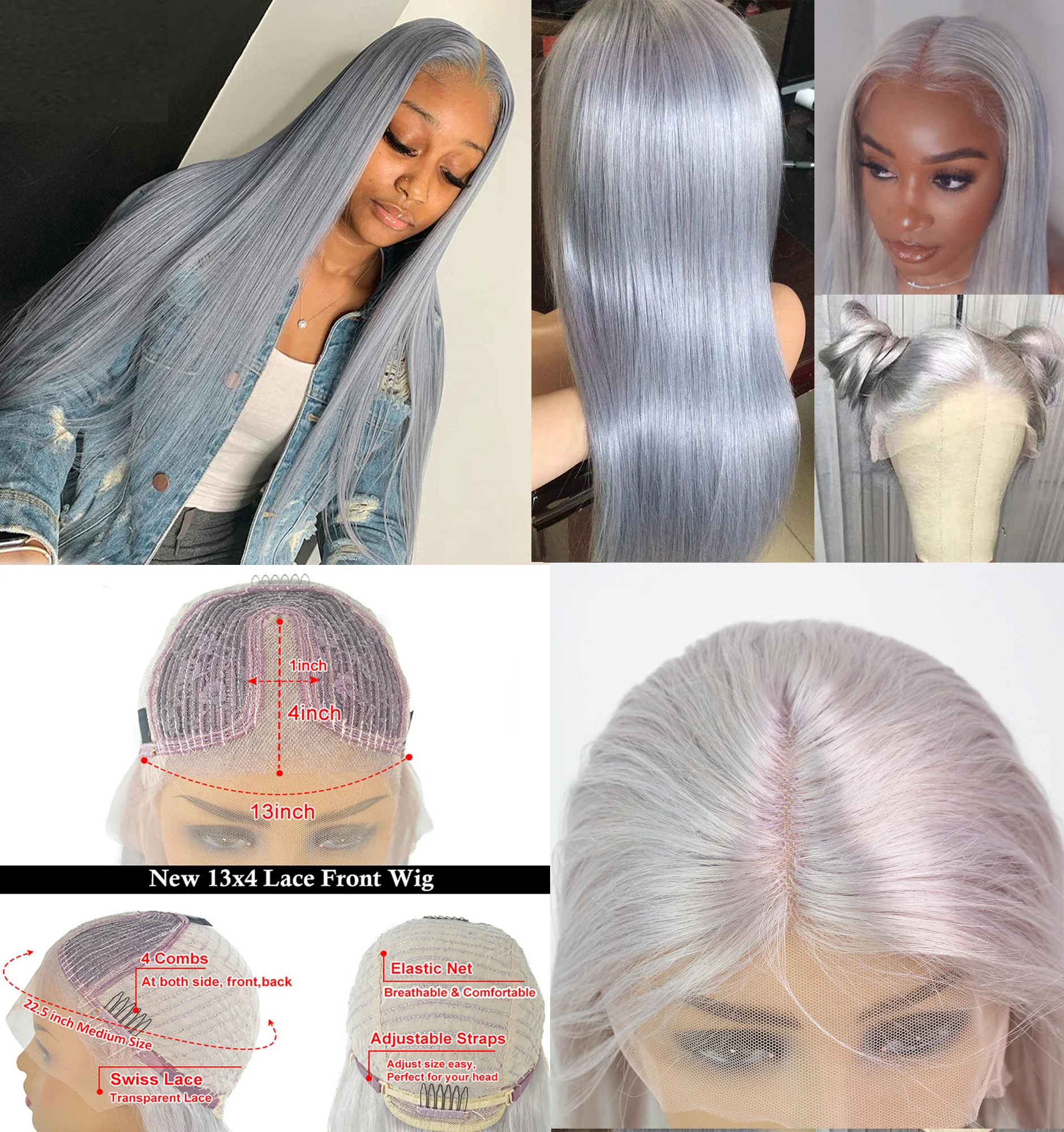 Grey Human Hair Wigs Ombre Colored Silver Lace Front Wig Transparent Straight Brazilian For Black Women Closure | Шиньоны и парики