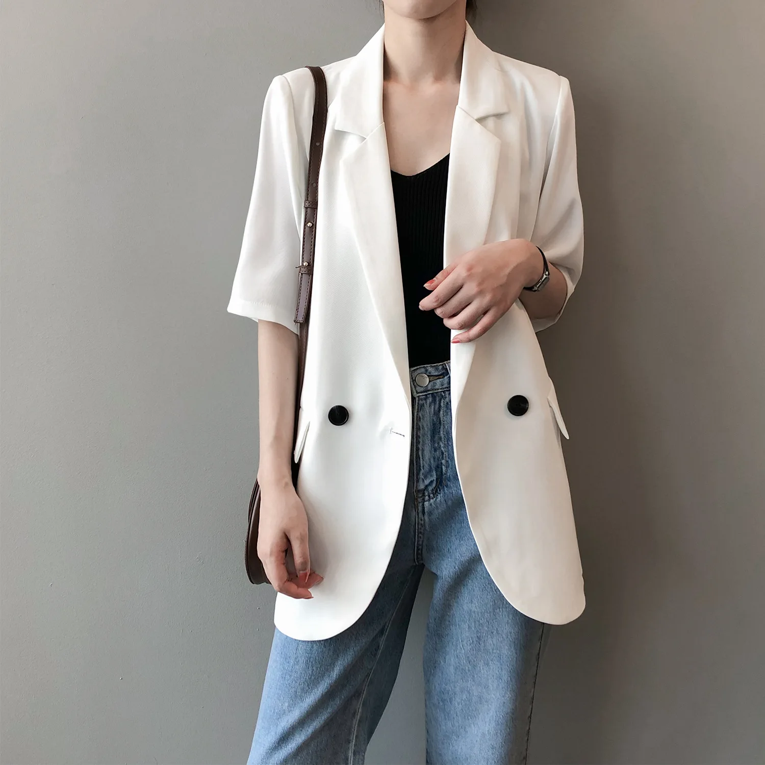 

COZOK 2021 Summer New Korean Short Sleeve Net Red Blazer Women's Thin Vertical Temperament Casual Coat 2932