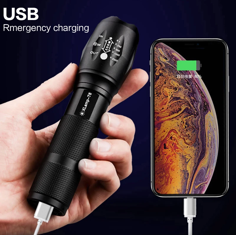 LSL LED Outdoor Waterproof Flashlight Portable USB Rechargeable T6 Tactical Hand Torch With Mobile Power for Camping Fishing