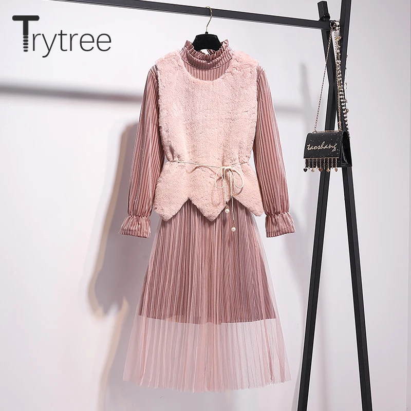 Trytree, осенне-зимний комплект из двух предметов, повседневная водолазка, плиссированное платье с расклешенными рукавами+ жилет с поясом, комплект для офисной леди, комплект из 2 предметов