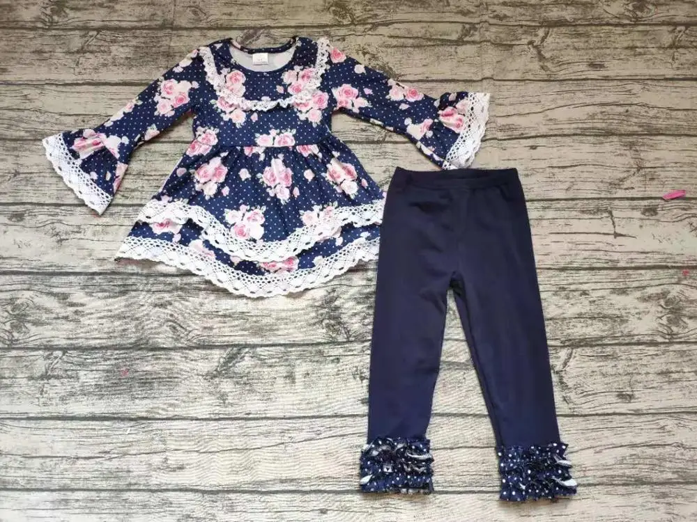 

New design girl's set printed lace stitching children's clothing long sleeve boutique high quality 2 piece set