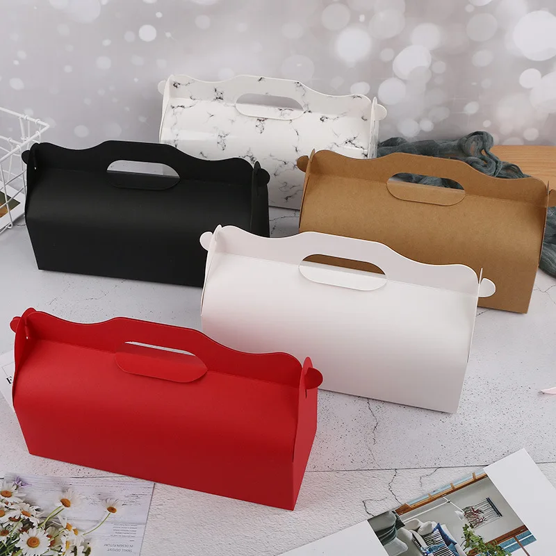 

5/10pcs Kraft Paper Long Cake Box Wedding Party Marbling Swiss Roll Dessert Baking Portable Packaging Box With Cupcake Holder