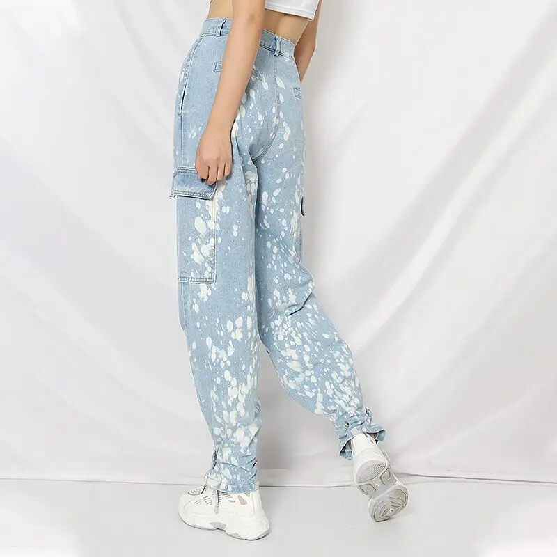 

New Hip hop casual pants Ladies Fashion Tie Dye High Waist Drawstring Pocket Jeans