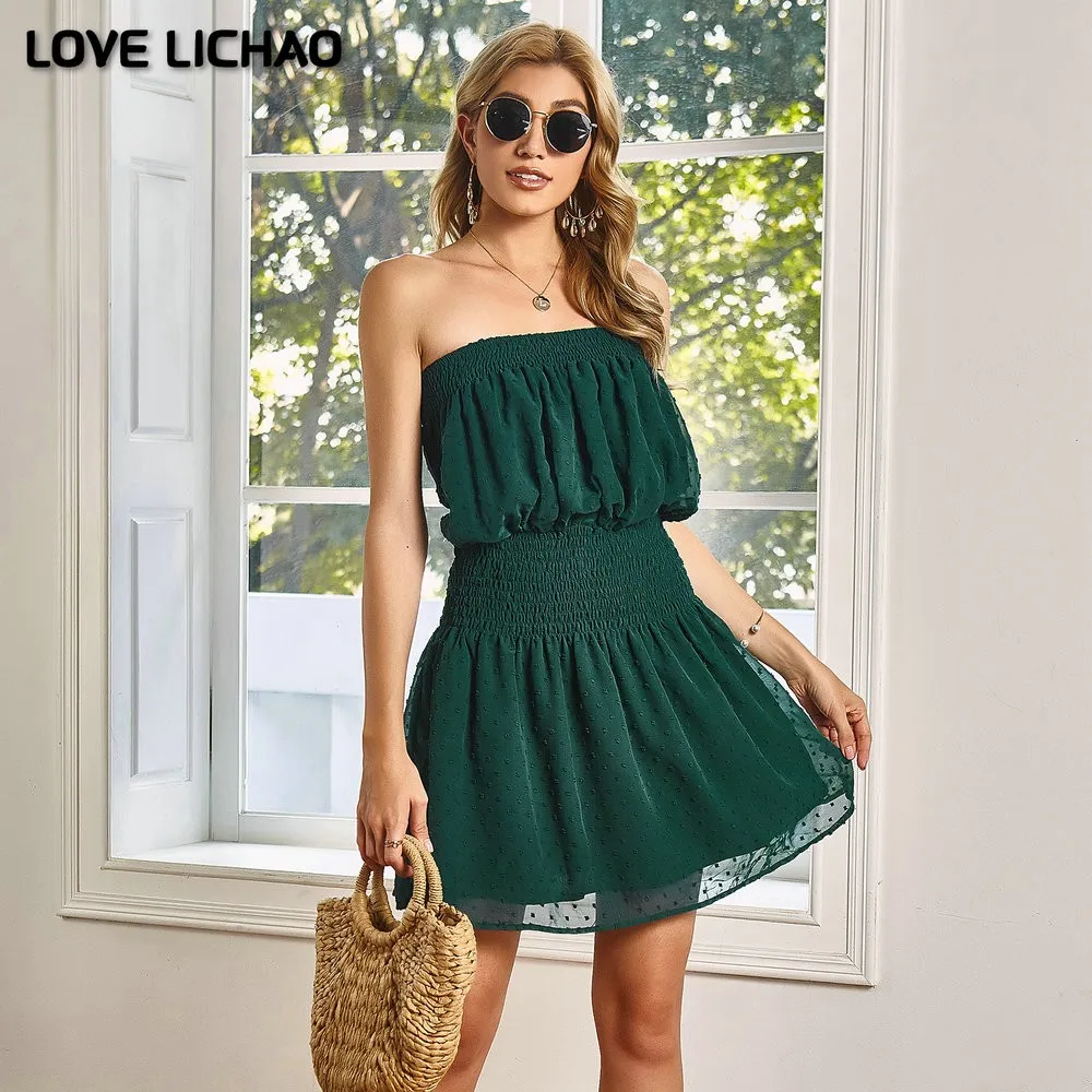 

Women Dress 2021 Summer High Waist White Temperament Fashion Mid-length Dress Womens Strapless Backless Ladies Dresses