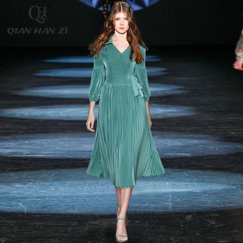 Дизайнерское модное осеннее платье Qian Han Zi с рукавами-фонариками и бусинами