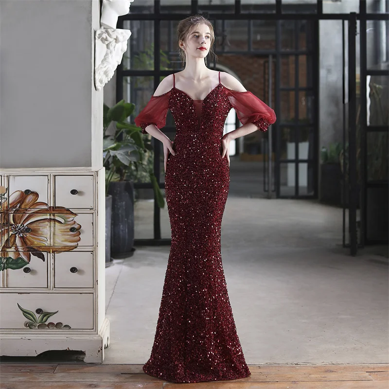 

2021 New Women Party Strap Dress Sexy Off Shoulder Long Sequin Dress
