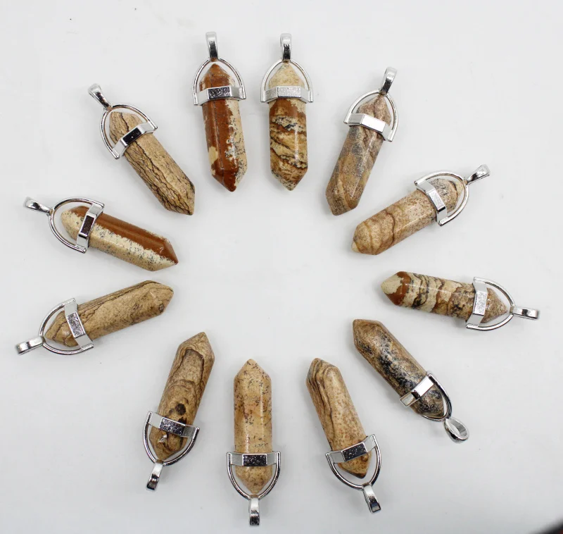 

24pcs/lot Natural stone picture jasper hexagonal pillar Pendant for DIY Jewelry making Keychain Necklace earrings Accessories