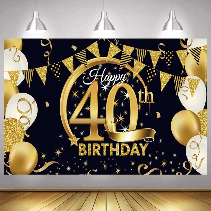 Черный золотой 40-й фон для фотосъемки с днем рождения для взрослых женщин мужчин воздушный шар фон для фотосъемки Блестящий баннер фотосесс...