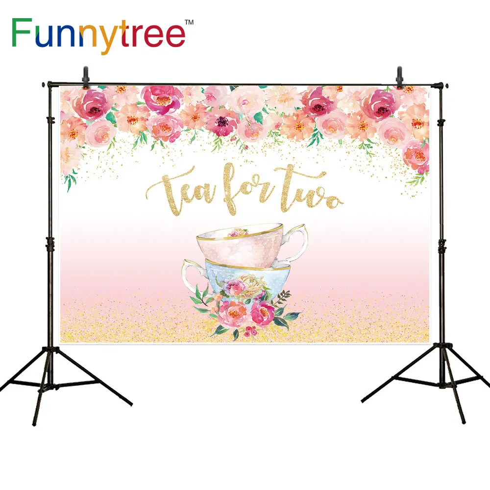 

Funnytree Tea for Two Birthday Party Backdrop Girl Baby Watercolor Pink Flower Glitter Photography Background for Photo Studio