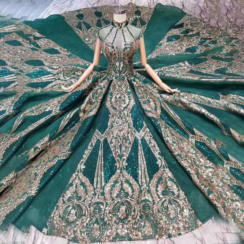 LS11093 luxury green evening dresses ladies high neck cap sleeves crystal party dress with golden lace dubai style real photos