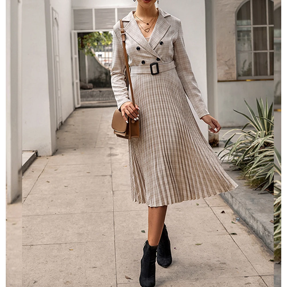 

Vintage Pleated Plaid Belt Dress Women 2020 Elegant Office Ladies Blazer Dresses Long Sleeve Female Autumn Midi Party Dress